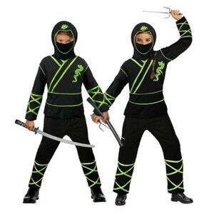 Youth Ninja Glow In Dark Costume Size L Black Green Dragon Hood Halloween Set
